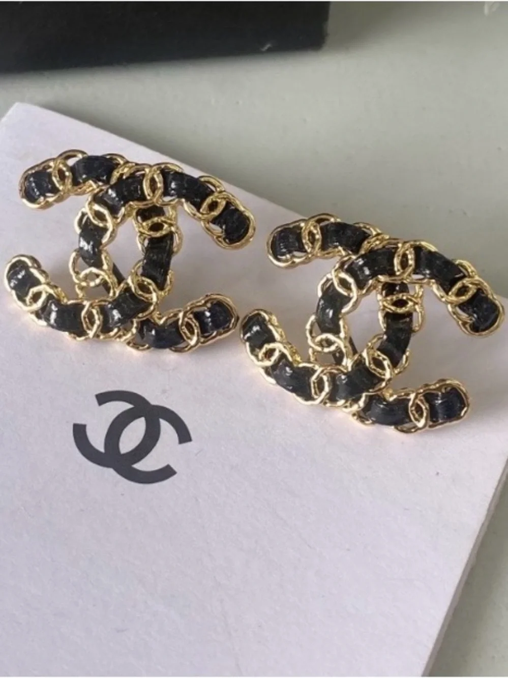 Double C Black Leather and Gold Tone Stud Earrings for Pierced Ears